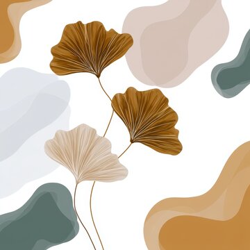 Tropical abstract background with palm frond motifs and fluid botanical lines, in dusty turquoise, blush pink, and warm sand tones, flat vector style