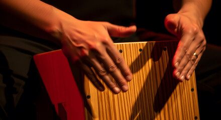 Close up of hands playing a wooden cajon percussion instrument d