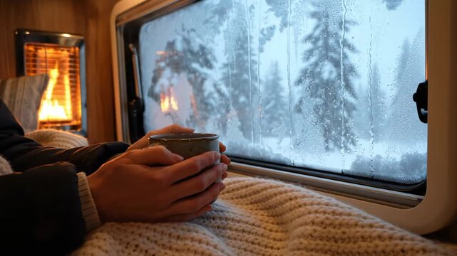 Woman enjoying hot beverage in cozy rv during winter weather, feeling warm and relaxation with heater and snowy window view