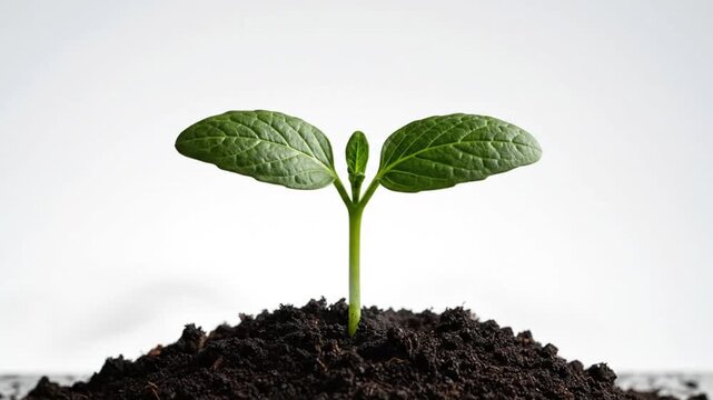 Small green plant seedling growing from dark fertile soil isolated on white background in time-lapse style.