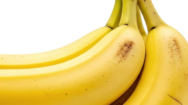 A vibrant close-up shot of a fresh bunch of ripe yellow tropical fruit, isolated against a pristine white background. The smooth, curved skins showcase natural speckles and textures, highlighting thei