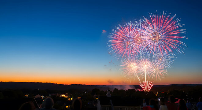 Colorful fireworks display over a residential neighborhood durin