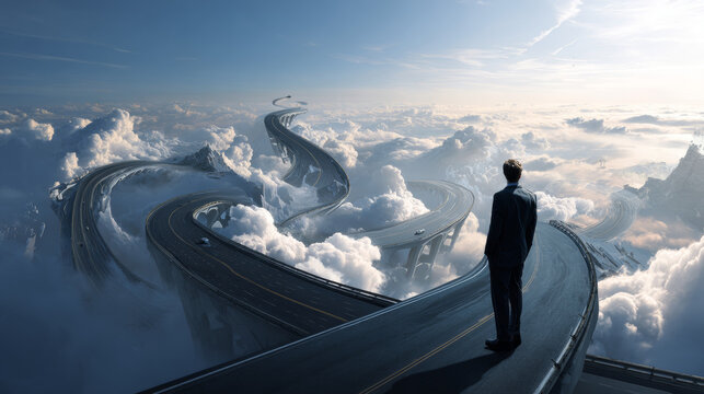 Concept art of  success hope dream way and ambition , surreal landscape painting,  man with floating road , imagination artwork, conceptual illustration, mystery scenery