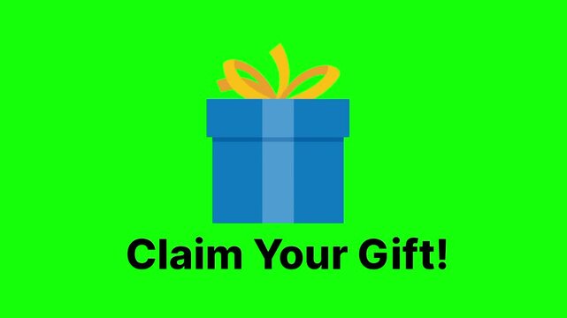 Claim Your gift text animation concept with present gift box vector icon symbol popup. Animated black word design, editable lettering motion graphic video template with green screen background.