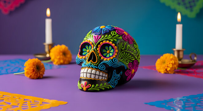 Decorated Dia de los Muertos sugar skull with marigolds and cand