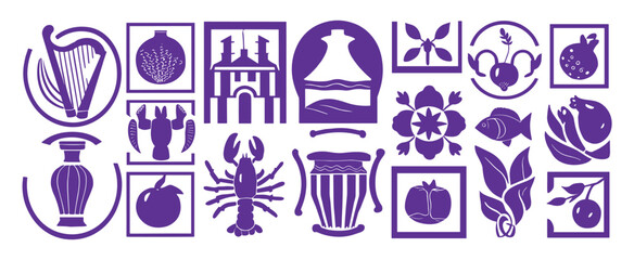 Assortment of Purple Icons Featuring Musical Instruments, Architecture, and Nature harp