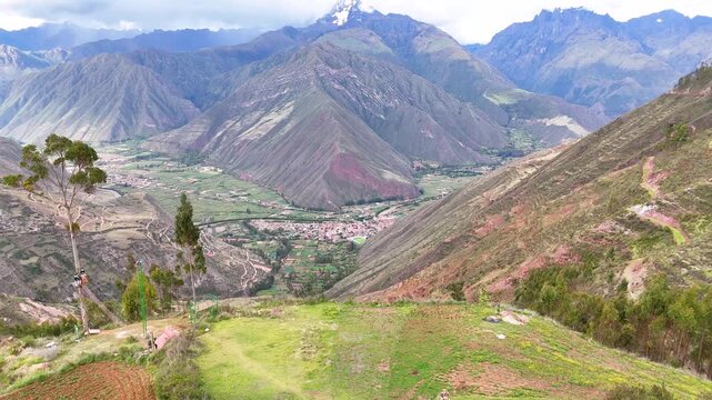 Aerial view of the Chinchero viewpoint and panoramic view of the Sacred Valley of the Incas in Cusco, Peru