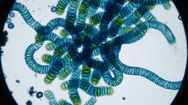 Microscopic view of blue green algae spirulina cyanobacteria.
