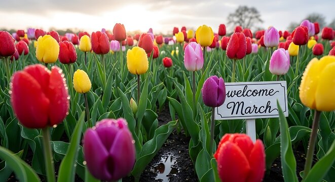 Vibrant tulip field welcome sign March spring blooming colorful flowers nature landscape