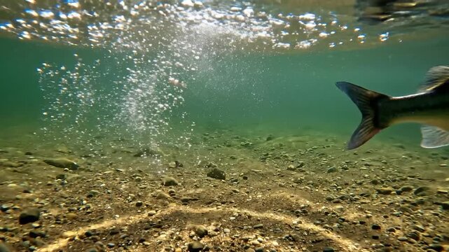 A largemouth bass releases bubbles and swims away underwater.