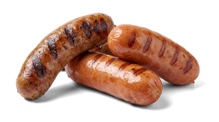 Naklejka premium a close-up photograph of four grilled sausages with prominent grill marks, artistically arranged on a white surface.