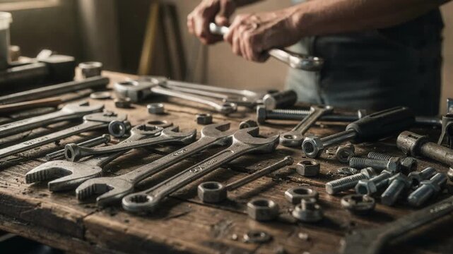 Closeup of a workbench with assorted tools and spare parts in sharp detail camp worker using wrench subtly visible with shallow depth of field.
