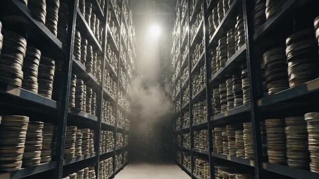 A mysterious light shines down a long aisle in a film archive.