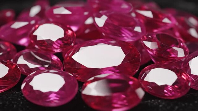 A close-up shot of beautiful faceted pink ruby gemstones.