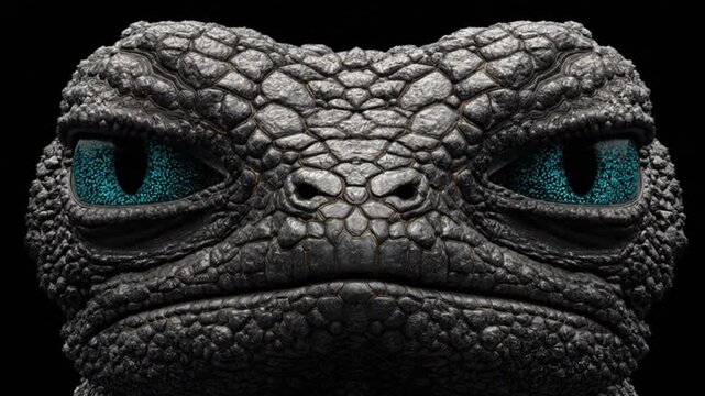A close-up portrait of a creature's face with textured scales and glowing turquoise eyes