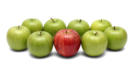 a single red apple stands out among a group of green apples, symbolizing individuality and uniqueness in a photograph. © Trieu