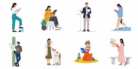 Diverse people engaging with technology in various settings: learning, working, creating, and playing in a modern digital world.