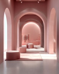 blush pink monochrome studio room with rounded architecture, diffused studio lighting