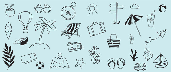 "Hand Drawn Summer Travel Doodle Set &ndash; Vacation Trip Icons with Sun, Beach Tent, Travel Bag and Tourism Concept Vector Collection"