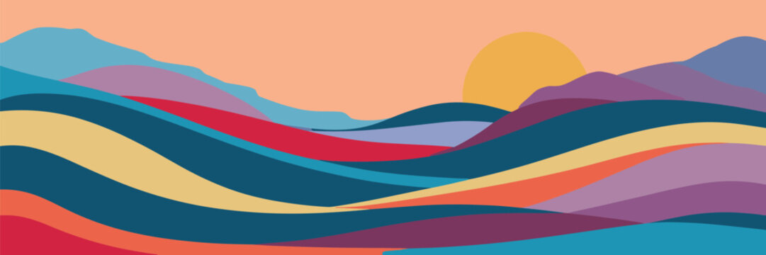 Abstract Landscape with Wavy Mountains and a Setting Sun in Warm Tones hills waves