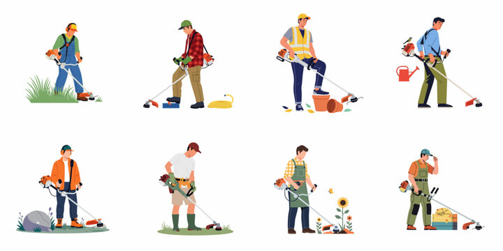 Illustrations of Diverse Men Operating String Trimmers for Lawn and Garden Care, Performing Various Landscaping and Maintenance Tasks