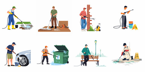 A comprehensive illustration of pressure washing applications: professionals and individuals cleaning cars, patios, walls, and outdoor surfaces with high-pressure cleaners.
