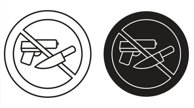 "No Firearms or Knives Allowed" icon, symbol with silhouette of gun and knife on white background, vector illustration. 