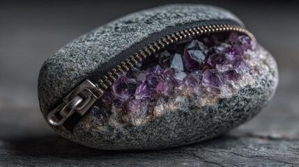 Surreal conceptual art of a gray stone geode with a metal zipper opening to reveal sparkling purple amethyst crystal druzy cluster inside on a dark background