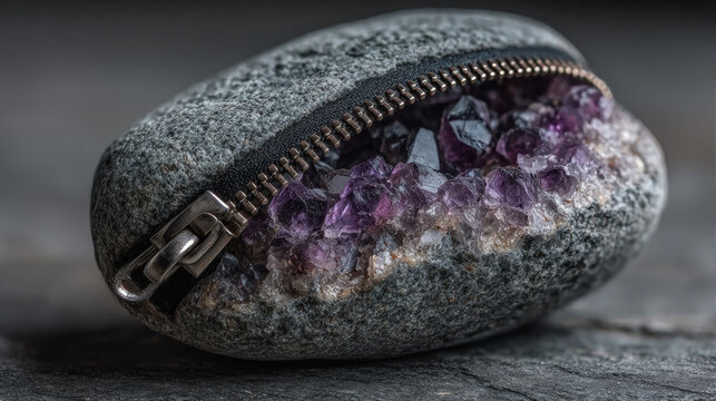 Surreal conceptual art of a gray stone geode with a metal zipper opening to reveal sparkling purple amethyst crystal druzy cluster inside on a dark background