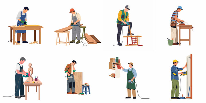 Various woodworkers and carpenters sanding wood and furniture pieces, using diverse electric sanders in their workshops, demonstrating craftsmanship and detail.