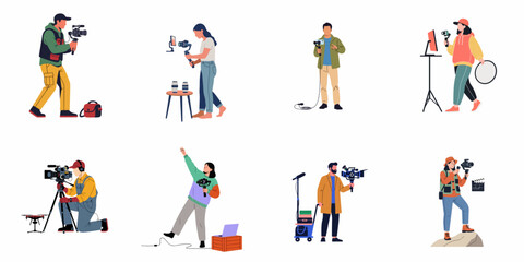 Fototapeta premium Diverse videographers and content creators utilizing professional cameras, gimbals, and various film equipment for dynamic video production and media projects.