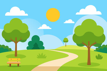 Obraz premium Sunny Summer Park Illustration with Green Lawn and Trees