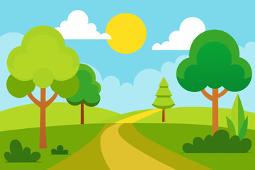 Obraz premium Sunny Summer Park Illustration with Green Lawn and Trees 