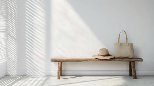 Minimalist interior scene featuring a rustic wooden bench with a straw sun hat and woven tote bag against a white wall with window blind shadows