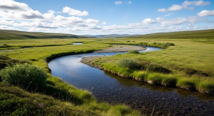 A tranquil winding river gracefully flows through an expansive, vibrant green valley, reflecting the clear blue sky dotted with soft white clouds, embodying serene natural beauty