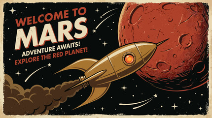 Vintage Welcome to Mars Travel Poster: Retro Space Rocket Journey to the Red Planet - Adventure Awaits © Uprook