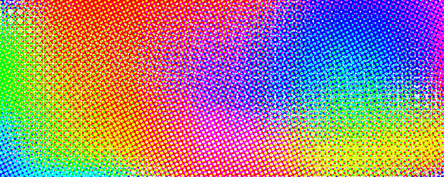 Colorful vivid halftone gradient background. Dotted iridescent rainbow half tone gradation texture. Abstract pixelated multicolored wallpaper. Colour dotty bitmap style backdrop concept. Vector