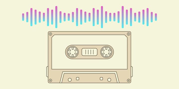 Animated retro audio cassette with glowing neon soundwave reels. Vibrant cyan and magenta frequency graphs flow above a flat vector tape deck. Pastel beige background with minimalist motion.
