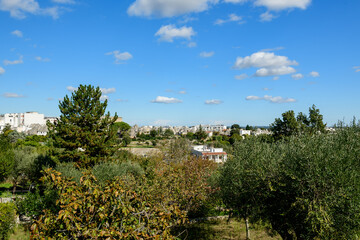 Fototapeta premium Wide view of Alberobello, Apulia, Italy, with trullo rooftops visible beyond lush trees and gardens under a bright blue sky. The scene blends Mediterranean greenery, scattered clouds, and iconic