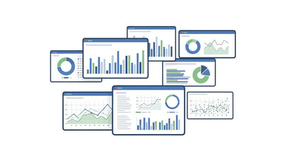 Obraz premium Collection of digital displays showcasing various business analytics and data visualization charts from different viewpoints