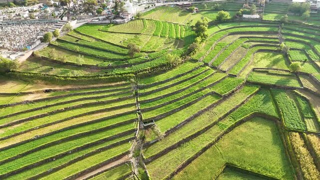 Aerial view of ancestral terraces in the city of Arequipa, Peru, in the district of Paucarpata