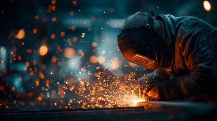 Frustrated male welder in safety gear struggling with unstable arc on bent steel beam, chaotic orange sparks flying in dark industrial workshop at night, cinematic hyper-realistic scene.