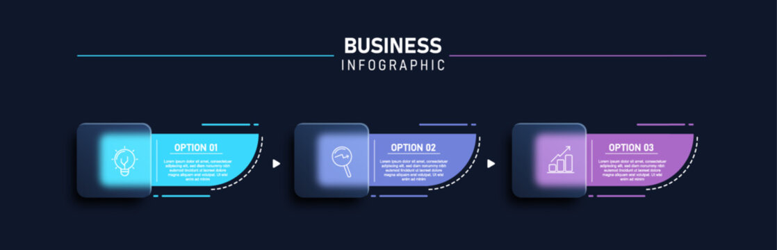 Modern business infographic template with 3 step option workflow, glowing gradient glass panels on dark background for strategy, analysis and growth presentation