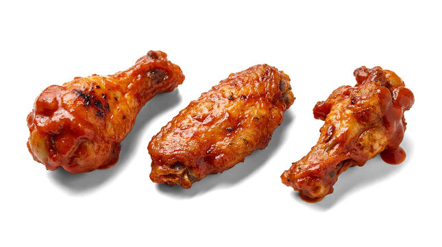 delicious barbecue chicken wings and drumsticks, a popular appetizer and snack, photographed in a studio setting with a plain transparent background.