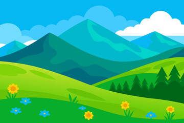 Fototapeta premium Summer Mountain Landscape with Green Hills and Wildflowers