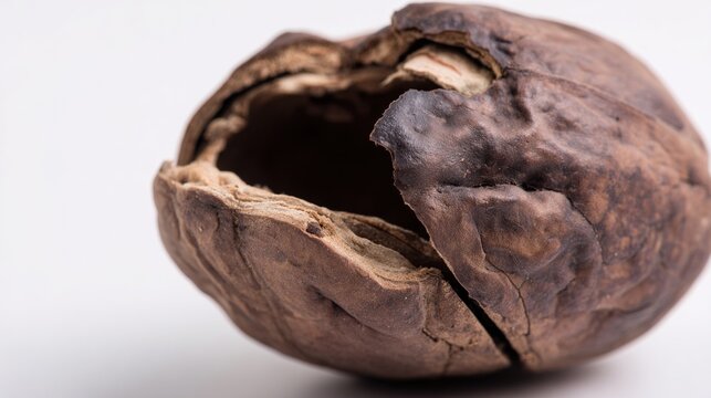 argan. Close-up of a nut shell, showcasing its deep, irregular natural grooves and texture. gardening catalogs, home-decor guides, designed for gardening and botanical catalogs.