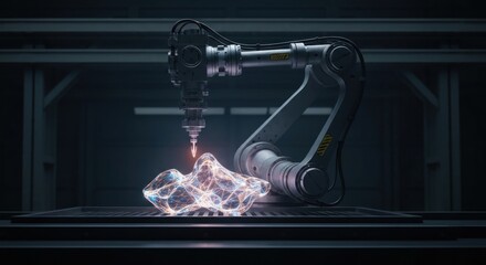 A robotic arm uses energy to fabricate a glowing, complex object
