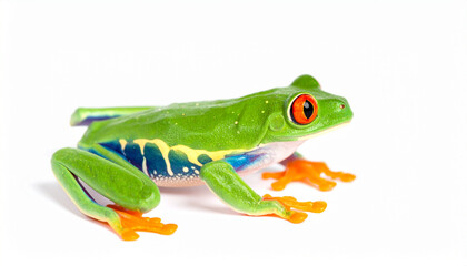 Fototapeta premium A vibrant green frog with orange eyes sits on a white surface, showcasing its blue and yellow markings in a studio setting.