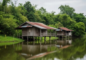 Fototapeta premium Traditional wooden stilt houses by a serene lake