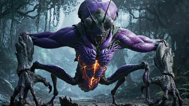 Close-up of a fantasy monster with cracked shell and glowing purple core in a dark forest